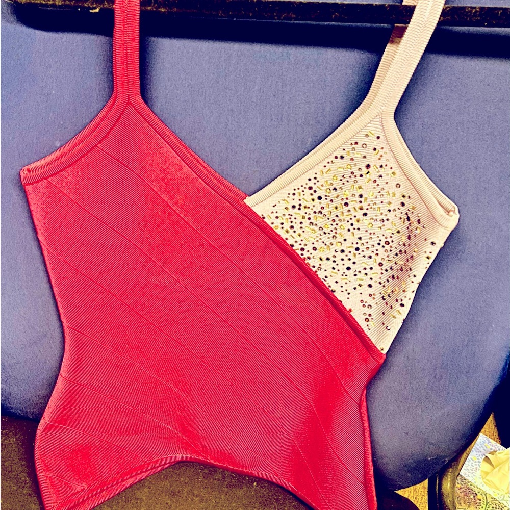 HERVE LEGER SIZE SMALL HOT PINK/ VIOLET PURPLE RHINESTONES, excellent condition